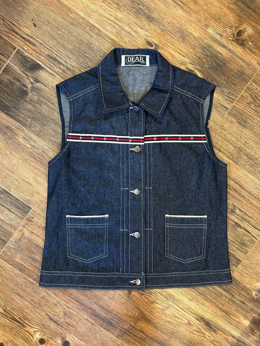 Vintage Dear Italy Studded Denim Vest with Striped Webbing Detail